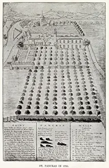 Pancras Prints: Gardens and buildings at St. Pancras, then just outside London. Date: 1730