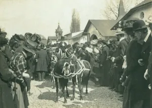Fire Men Prints: Gathering of people outside a church