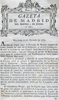 1781 Prints: Gazette of Madrid. 18th century. Number 1. 1781. Royal Print