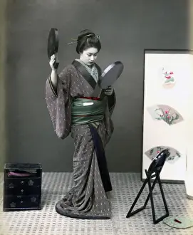 Mirrors Prints: Geisha with kimono and two mirrors, Japan, circa 1880s