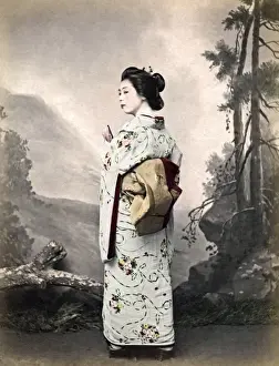 Geisha in kinomo showing obi sash, Japan, circa 1890