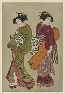 Koto Prints: Geisha and a servant carrying her koto