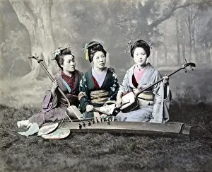 Geishas playing the shamisen and koto, Japan, circa 1880s. Date: circa 1880s