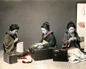 Geishas sewing, reading and writing, Japan