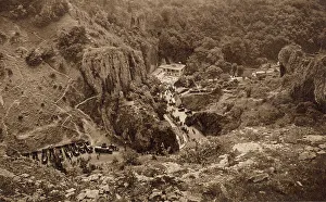 General aerial view, Gough's Caves, Cheddar, Somerset, with Cave Man Restaurant and parking area. Date: circa 1930
