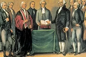Litography Collection: General George Washington swearing in as President at the ol