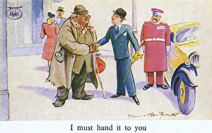 Handing Prints: Generous donation to a tramp as well as a doorman