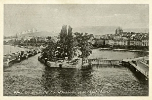 Images Dated 23rd December 2015: Geneva, Switzerland - Ile J J Rousseau and Mont Blanc