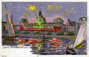 Fireworks Prints: Geneva, Switzerland - Night Festival - Kursaal - Fireworks