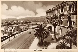 Genova Prints: Genoa, Italy - Promenade and view toward the sea port