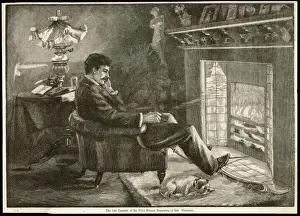 Roaring Prints: Gent and Dog by a Fire
