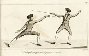 Gentleman fencer lunging and striking an opponent