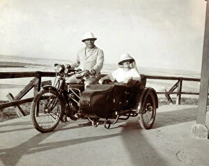 Triumph Gallery: Gentleman & lady on their 1910 Triumph motorcycle & sidecar