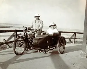 Registration Prints: Gentleman & lady on their 1910 Triumph motorcycle & sidecar