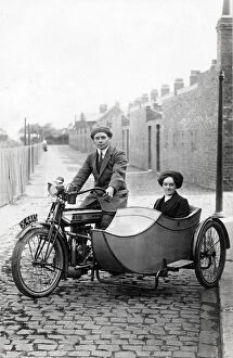 Cobbled Collection: Gentleman & lady on 1920 Rudge Multi motorcycle & sidecar
