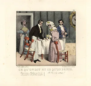 Word Gallery: Gentleman and old lady standing at a table in a restaurant