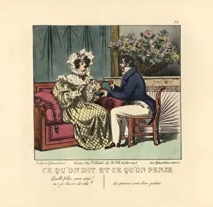 Parlor Prints: Gentleman presenting a lady with a necklace in a parlor