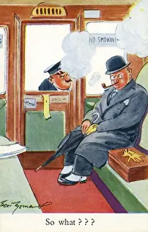 Faced Prints: Gentleman puffing away at his pipe in a No Smoking Carriage