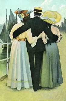 Sea Front Prints: Gentleman strolling by the seafront with two women