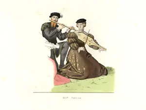 Gentleman and woman, England, 16th century, playing music