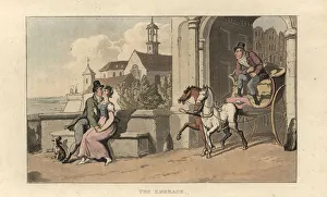 Ackermann Gallery: A gentleman and woman kiss on a bench near a town gate