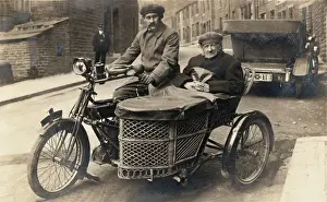 Wicker Prints: Two gentlemen on 1907 Royal Enfield motorcycle & sidecar