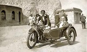 Two gentlemen on a 1928 / 9 Dunelt motorcycle & sidecar