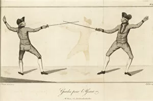 Treatise Gallery: Gentlemen fencers en garde for an attack, 18th century