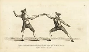 Gentlemen fencers in guard and thrust positions