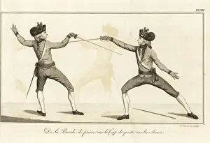 Gentlemen fencers lunging and parrying, 18th century