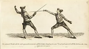 Gentlemen fencers in thrust and parry positions