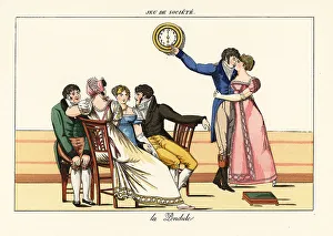 Diversion Prints: Gentlemen and ladies playing the kissing game The Clock