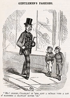 Hover Collection: Gentlemens fashions, 1853. Two small boys in the street have a chuckle at a man s