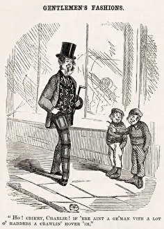 Gentlemens fashions, 1853. Two small boys in the street have a chuckle at a man s