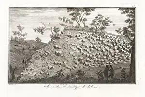 Mineralogy Prints: Geologists studying columnar basalt mass at Lake Bolsena, centra