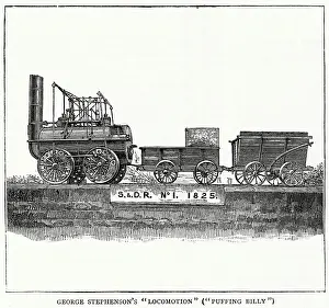 Fist Prints: George Stephenson's Locomotion - Puffing Billy locomotive railway train. Date: 1825