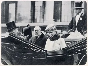 George V and Queen Mary consort opening the new Duveen wing extension of the National Portrait Gallery, London. Made possible by the generosity of art dealer and benefactor Lord Duveen. Photograph showing Their Majesties leaving in an open carriage