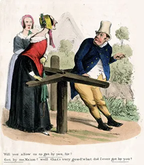 Request Prints: Georgian cartoon, conversation at a turnstile