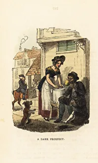 Blacksmith Prints: Georgian milkmaid serving cups of milk to a chimney sweep