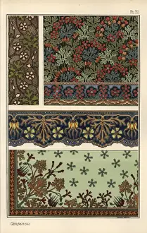 Stencil Prints: Geranium motif in wallpaper, border and fabric patterns