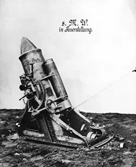 German 25cm heavy trench mortar in firing position, WW1
