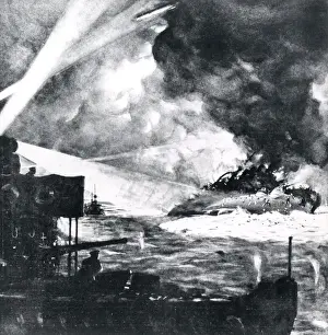 Search Lights Prints: German battleship sinking at night, WW1