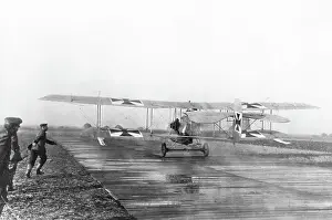 Runway Prints: German biplane taking off from French airfield, WW1