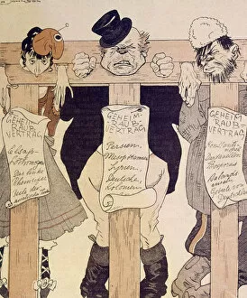 Enemies Collection: German cartoon, three allies in the stocks, WW1