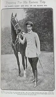 German Crown Prince, outdoor sporting portrait with horse. Captioned, Preparing For His Eastern Trip: the Kaiser's eldest son still on his native soil'. With description, The German Crown Prince was twenty-eight last May