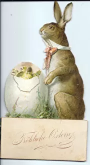 Eggshell Gallery: German Easter card with rabbit and hatching chicks