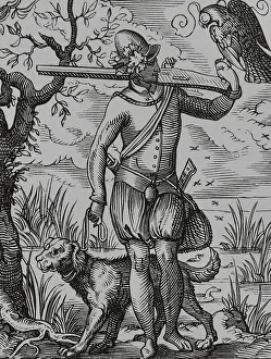 Hawk Prints: German falconer, 16th century. Engraving