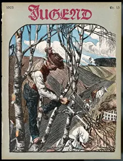 Birches Prints: German farmer pruning his birch trees