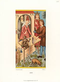 Regnier Gallery: German female haberdasher in a shop selling thread, 1492