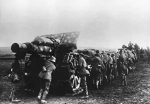 Hauling Prints: German gunners hauling 21cm mortar howitzer, WW1